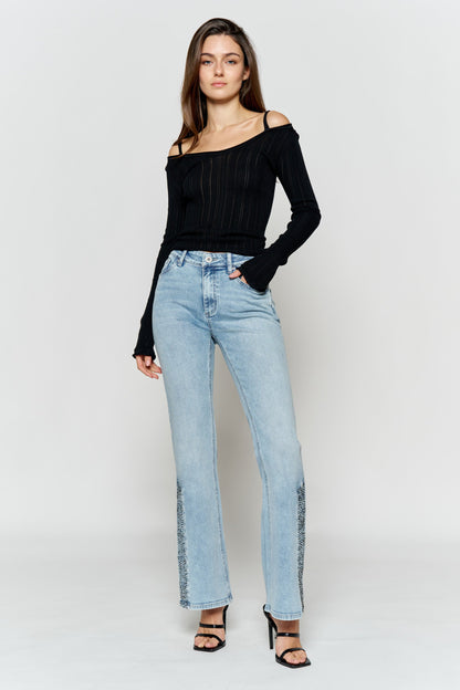 High Rise Slim Wide-Leg Jeans with Side Slit Rhinestone Detail