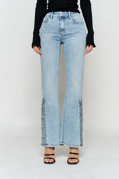 High Rise Slim Wide-Leg Jeans with Side Slit Rhinestone Detail