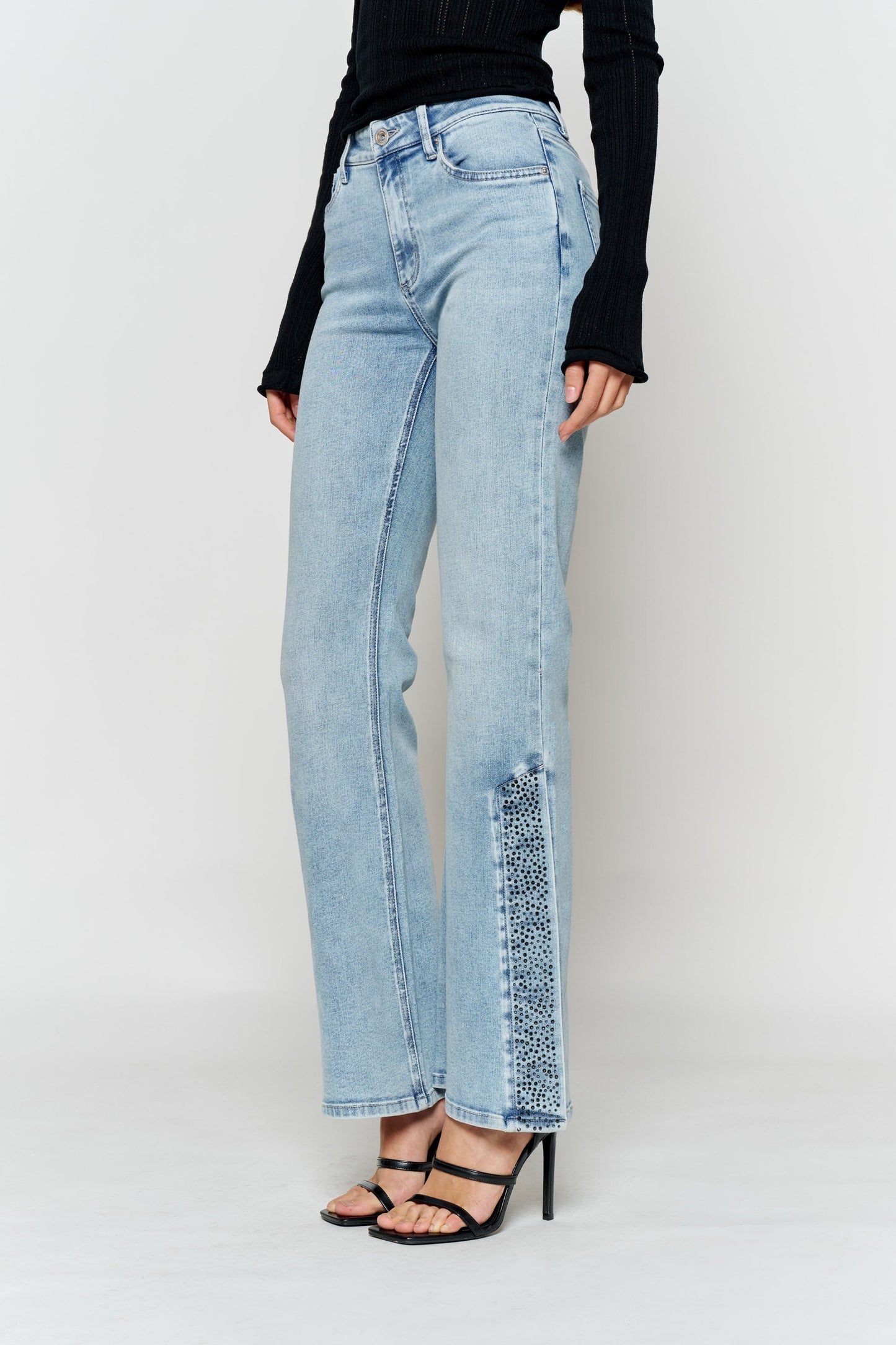 High Rise Slim Wide-Leg Jeans with Side Slit Rhinestone Detail