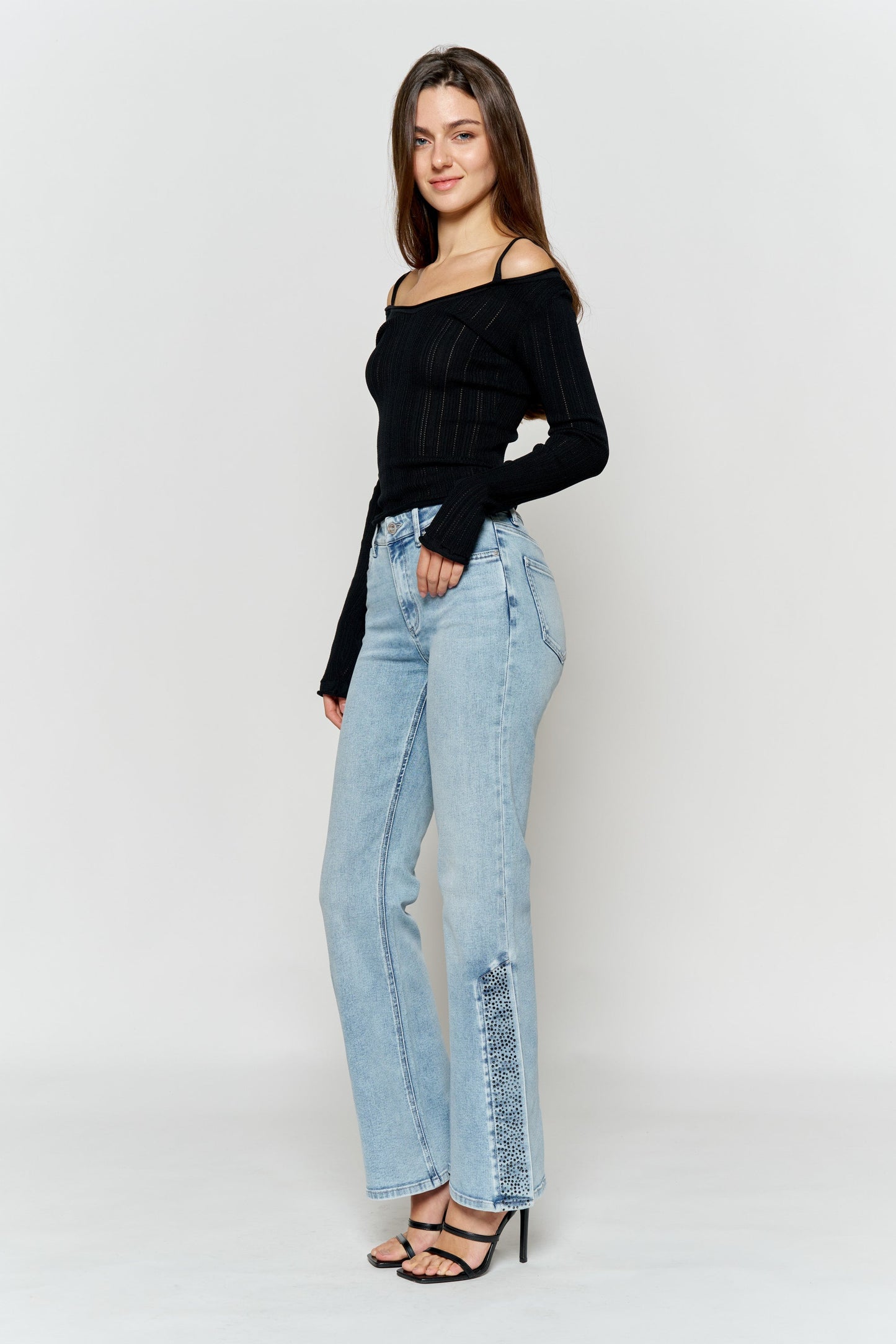 High Rise Slim Wide-Leg Jeans with Side Slit Rhinestone Detail