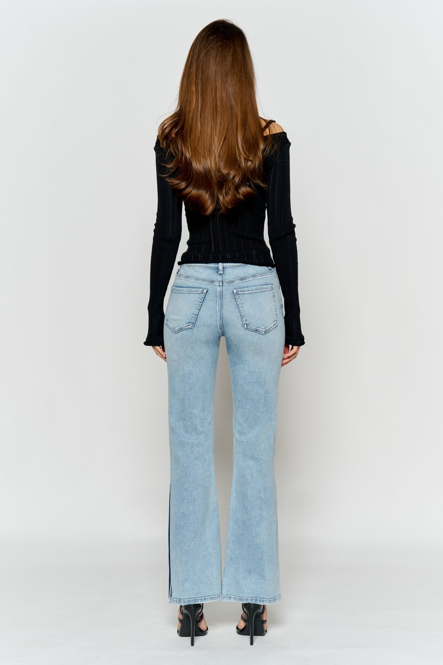 High Rise Slim Wide-Leg Jeans with Side Slit Rhinestone Detail