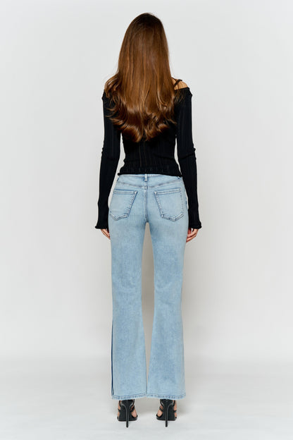 High Rise Slim Wide-Leg Jeans with Side Slit Rhinestone Detail