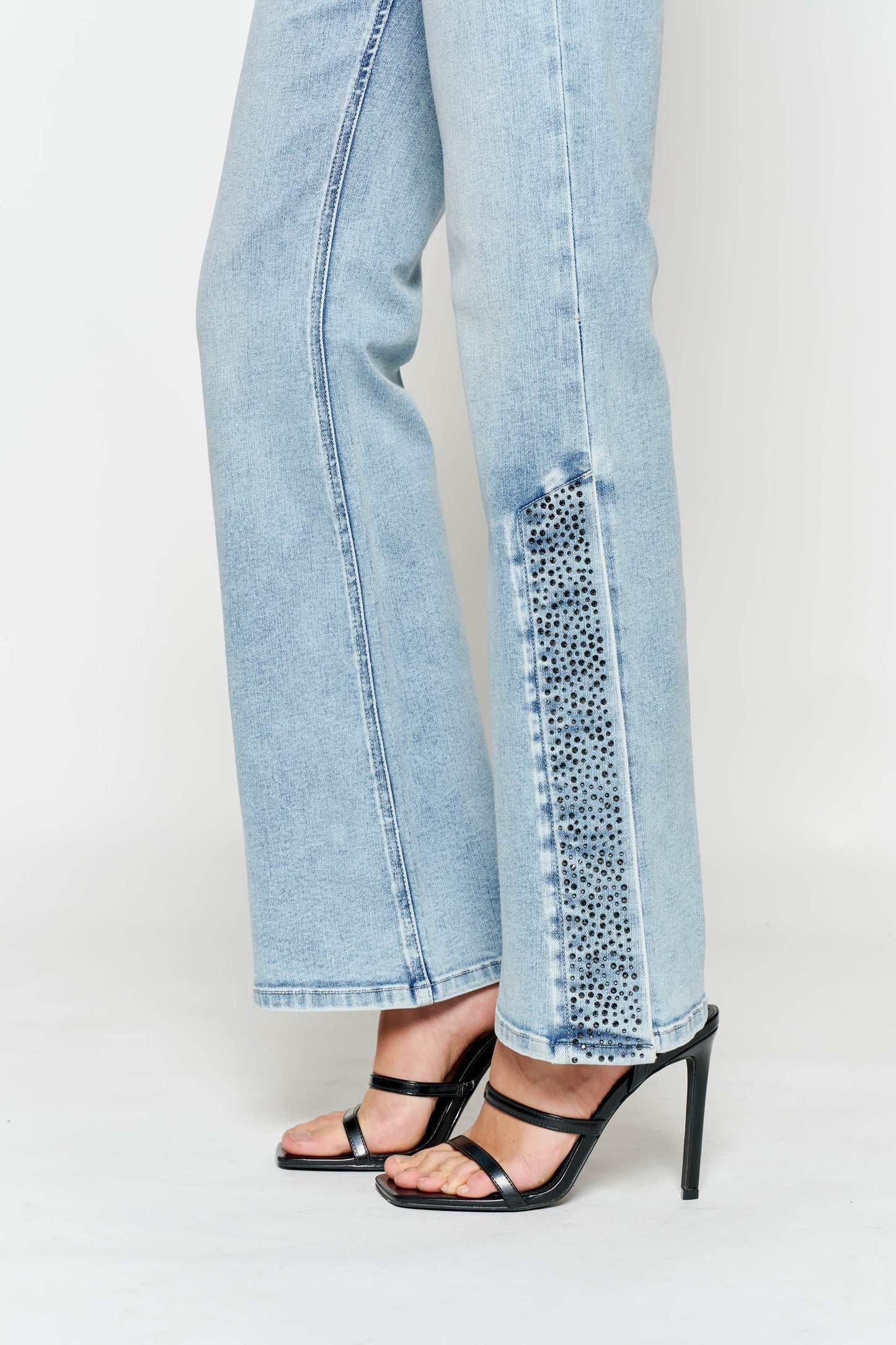 High Rise Slim Wide-Leg Jeans with Side Slit Rhinestone Detail
