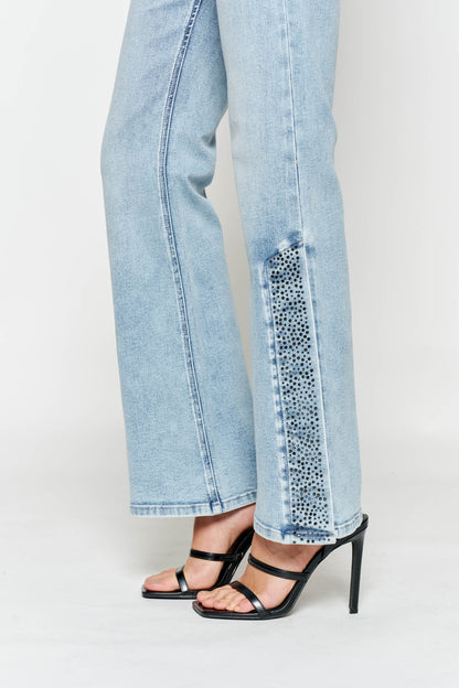 High Rise Slim Wide-Leg Jeans with Side Slit Rhinestone Detail