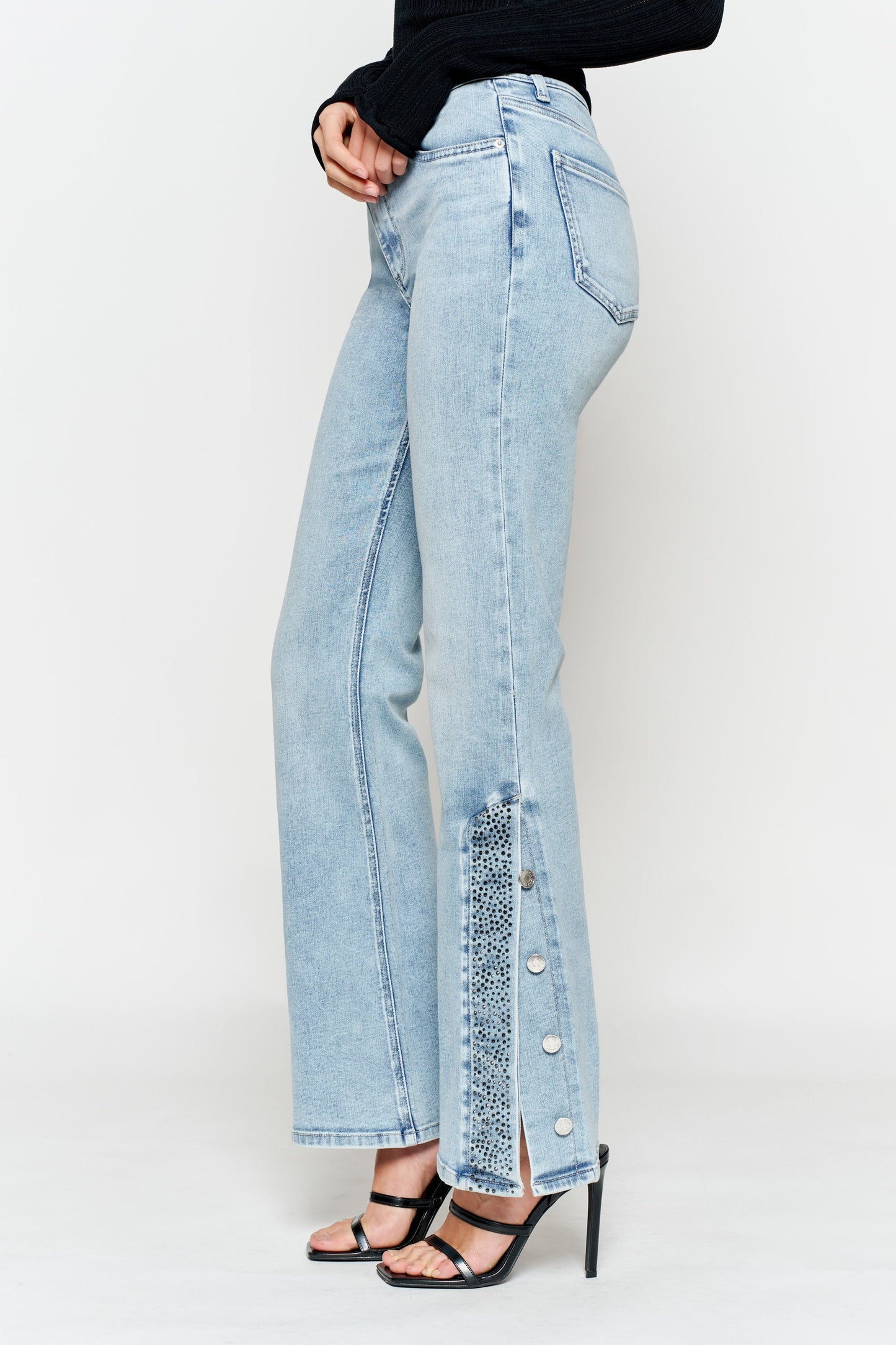 High Rise Slim Wide-Leg Jeans with Side Slit Rhinestone Detail