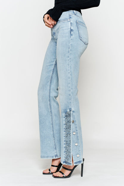 High Rise Slim Wide-Leg Jeans with Side Slit Rhinestone Detail