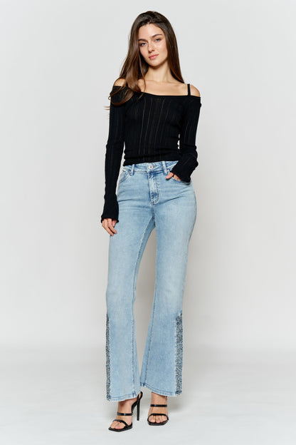 High Rise Slim Wide-Leg Jeans with Side Slit Rhinestone Detail