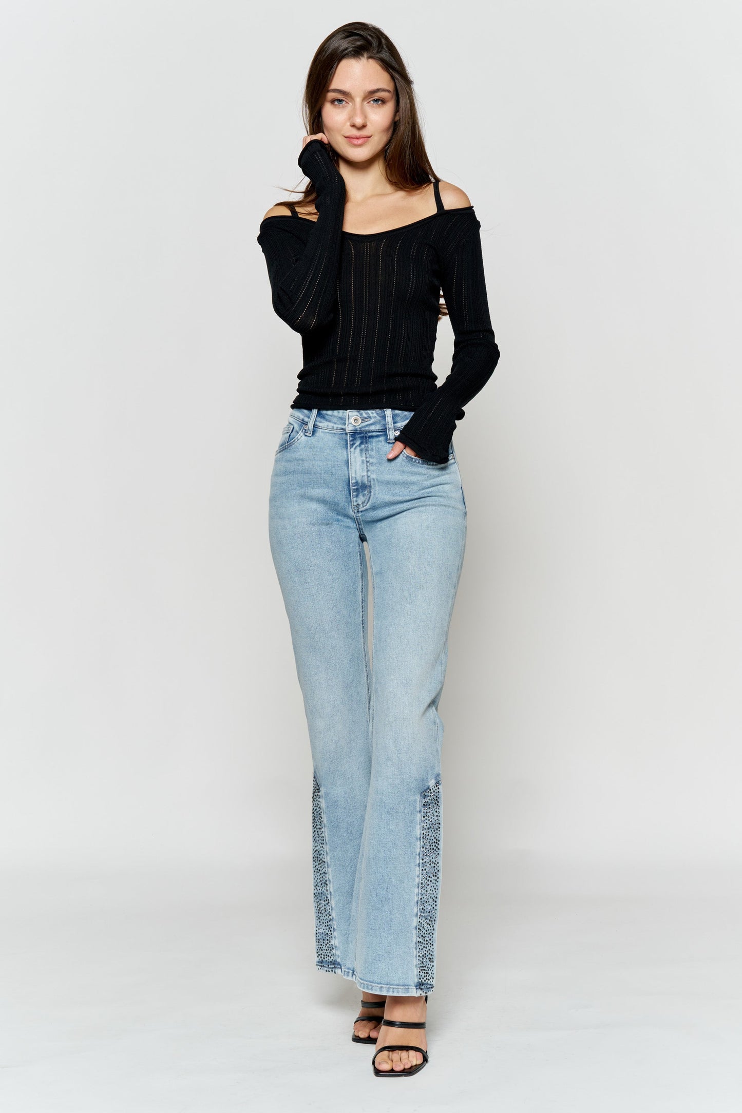 High Rise Slim Wide-Leg Jeans with Side Slit Rhinestone Detail