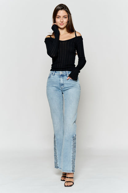 High Rise Slim Wide-Leg Jeans with Side Slit Rhinestone Detail