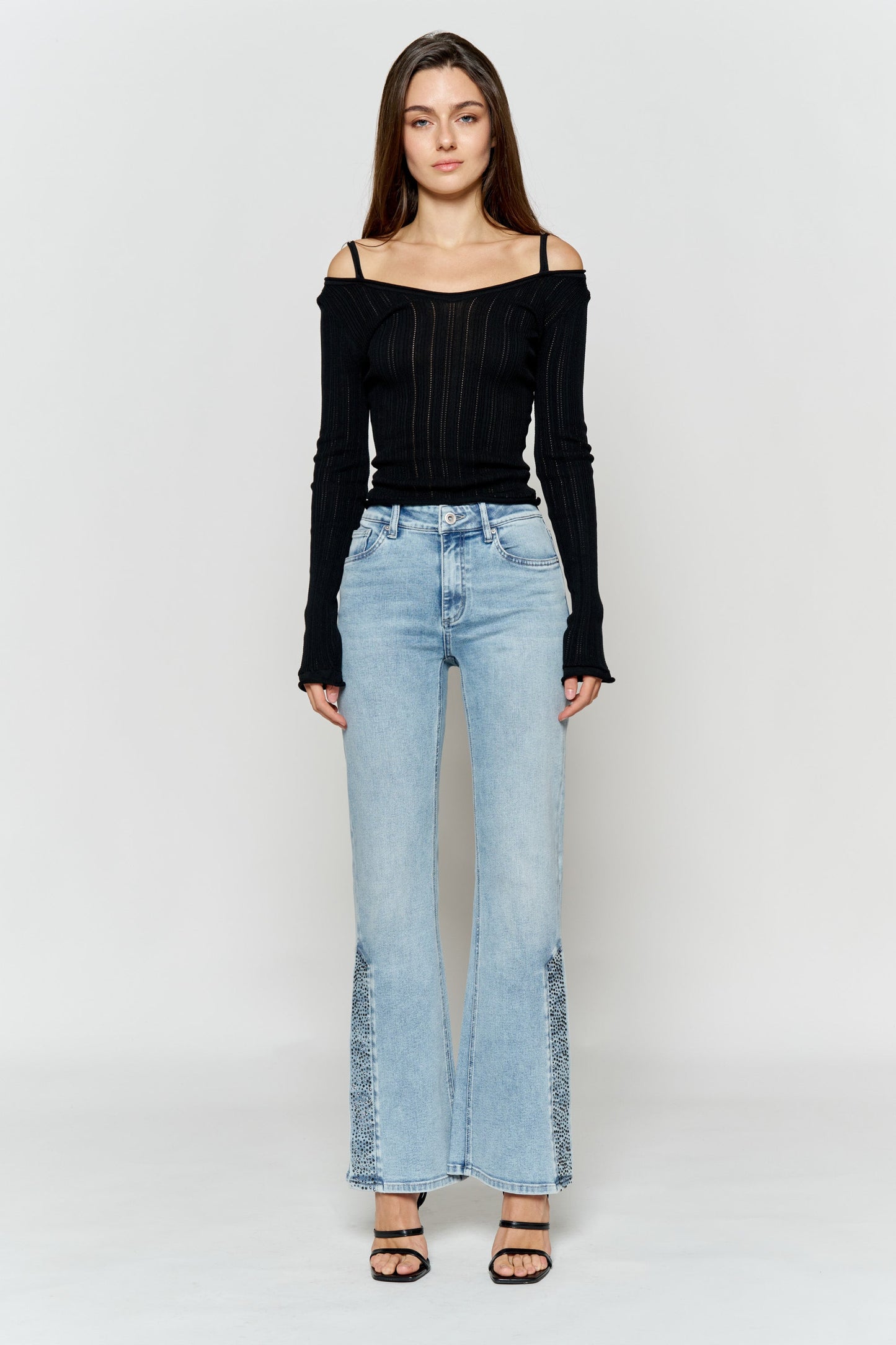 High Rise Slim Wide-Leg Jeans with Side Slit Rhinestone Detail