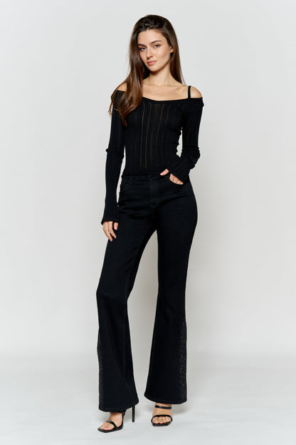 High Rise Slim Wide-Leg Jeans with Side Slit Rhinestone Detail