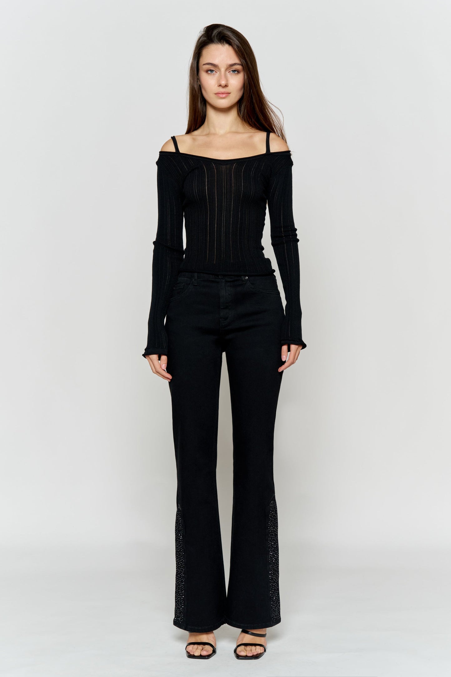 High Rise Slim Wide-Leg Jeans with Side Slit Rhinestone Detail