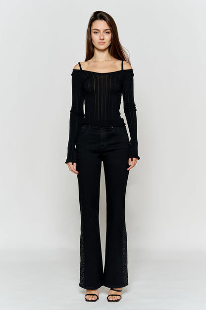 High Rise Slim Wide-Leg Jeans with Side Slit Rhinestone Detail