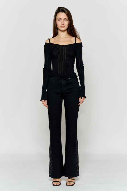 High Rise Slim Wide-Leg Jeans with Side Slit Rhinestone Detail