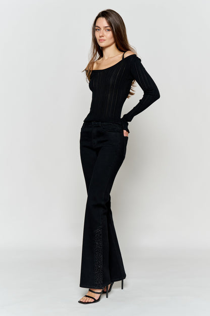 High Rise Slim Wide-Leg Jeans with Side Slit Rhinestone Detail