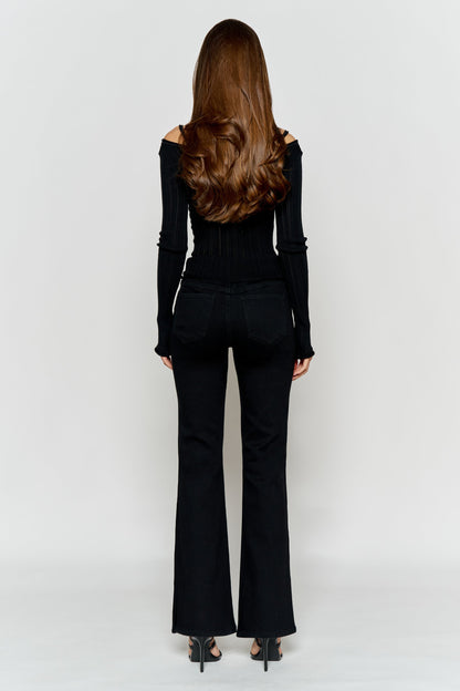 High Rise Slim Wide-Leg Jeans with Side Slit Rhinestone Detail