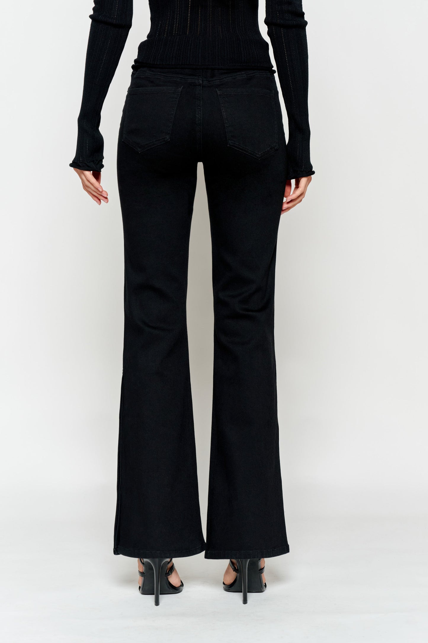 High Rise Slim Wide-Leg Jeans with Side Slit Rhinestone Detail