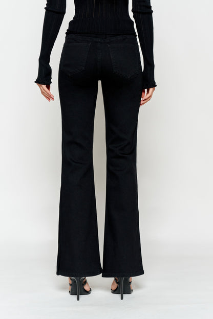 High Rise Slim Wide-Leg Jeans with Side Slit Rhinestone Detail