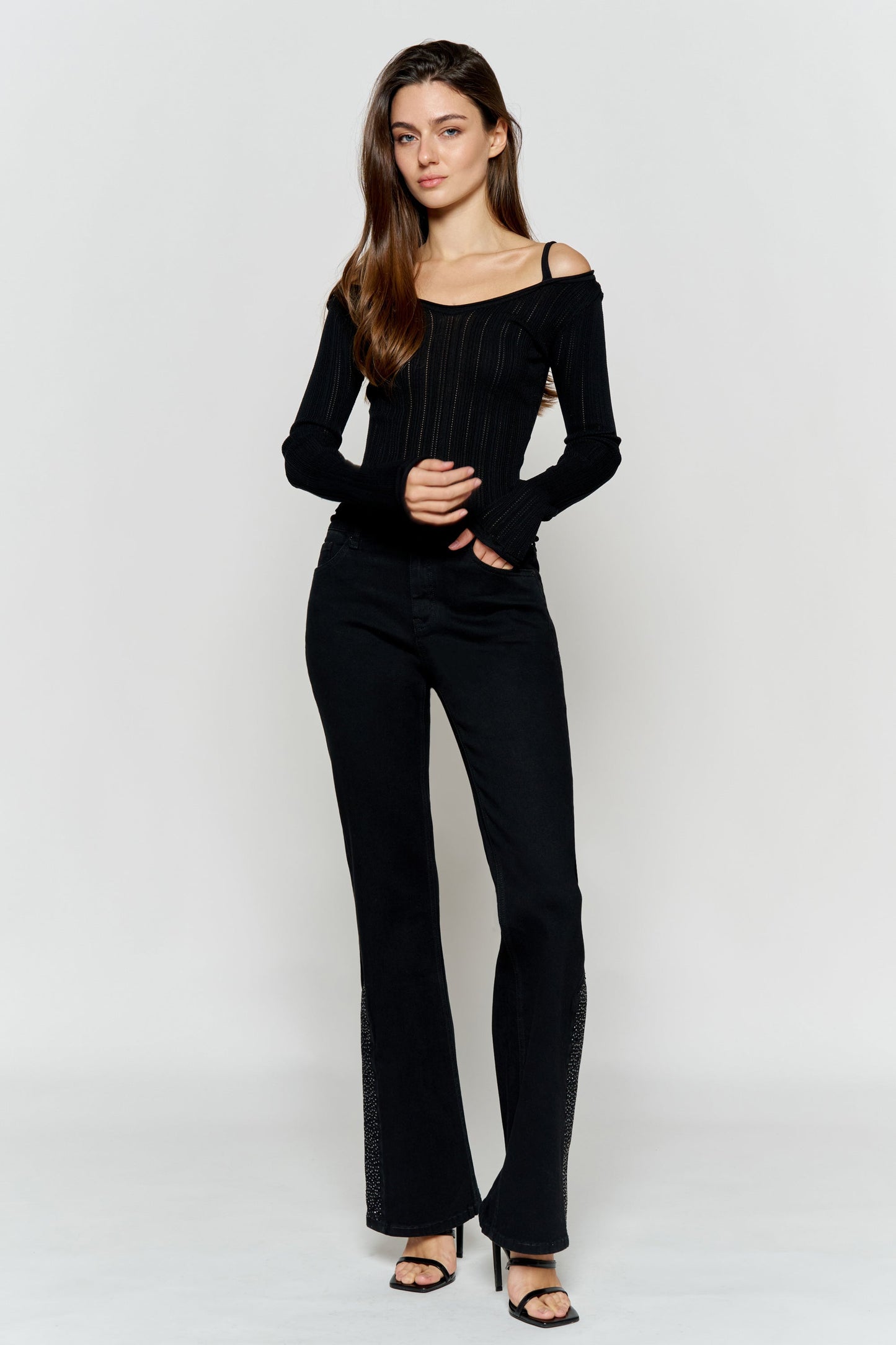 High Rise Slim Wide-Leg Jeans with Side Slit Rhinestone Detail