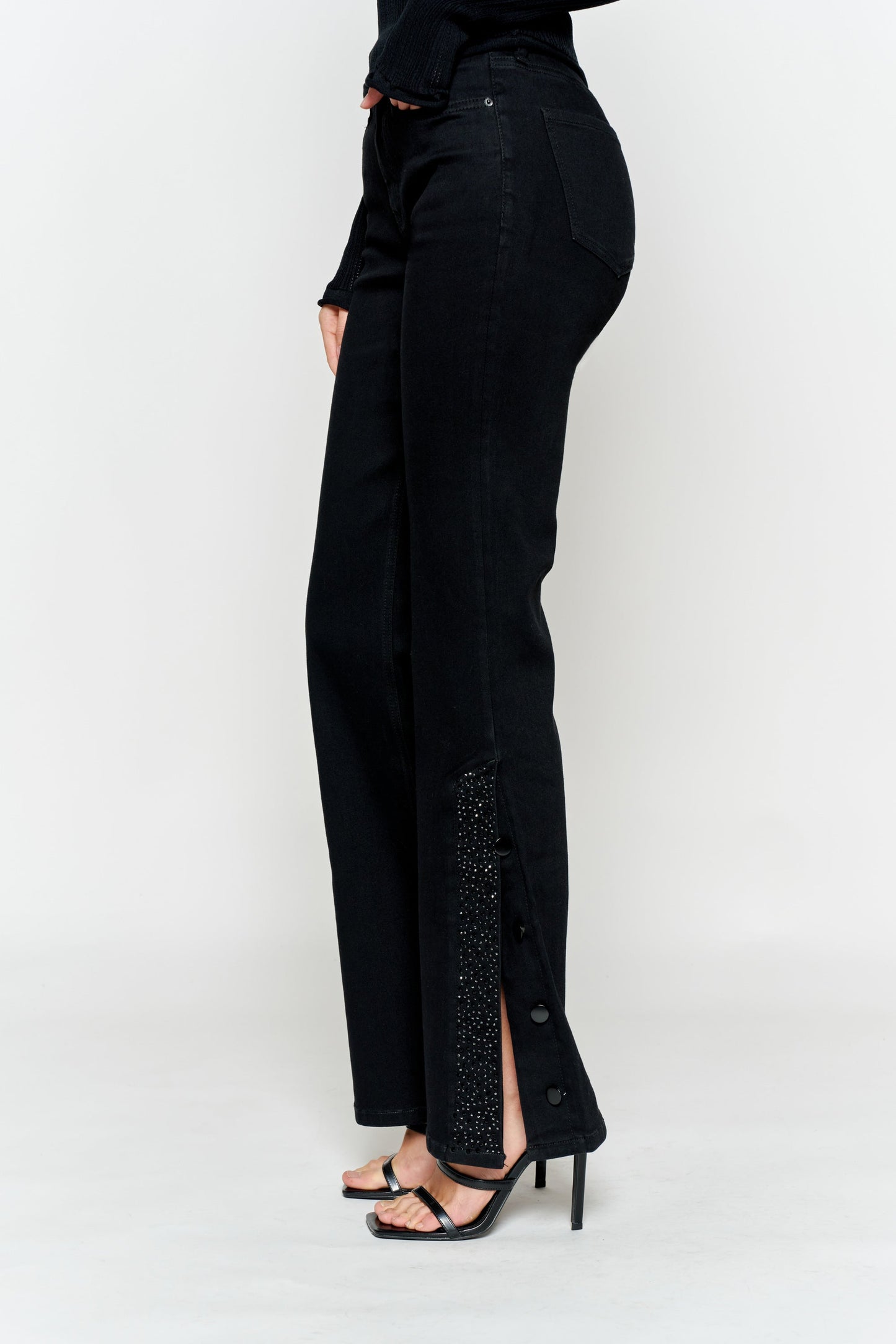 High Rise Slim Wide-Leg Jeans with Side Slit Rhinestone Detail