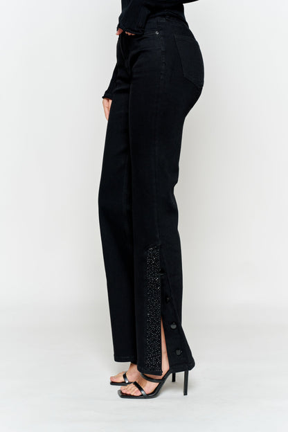 High Rise Slim Wide-Leg Jeans with Side Slit Rhinestone Detail