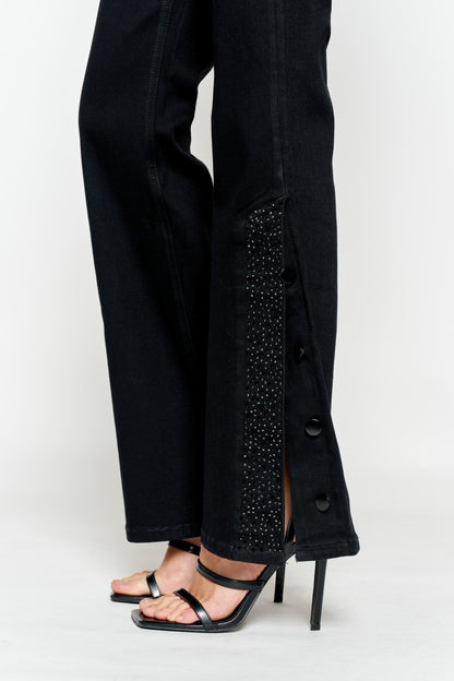 High Rise Slim Wide-Leg Jeans with Side Slit Rhinestone Detail