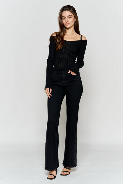 High Rise Slim Wide-Leg Jeans with Side Slit Rhinestone Detail