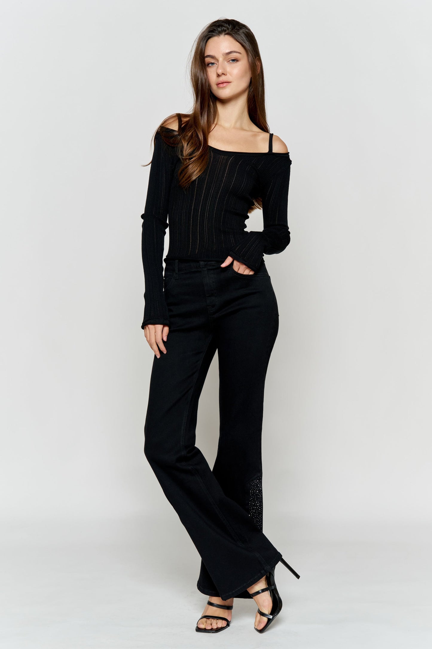 High Rise Slim Wide-Leg Jeans with Side Slit Rhinestone Detail