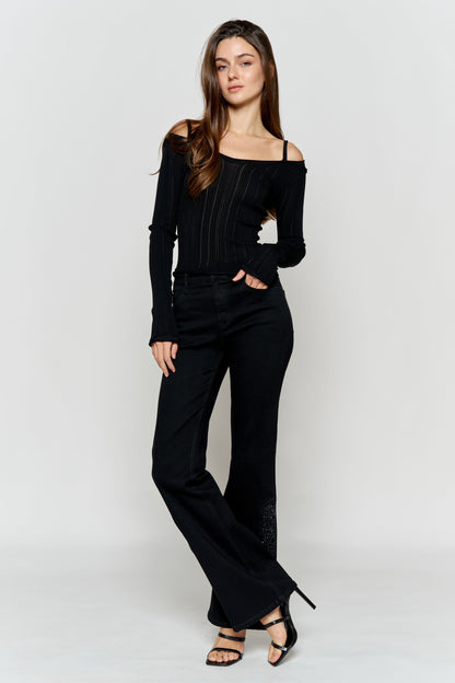 High Rise Slim Wide-Leg Jeans with Side Slit Rhinestone Detail