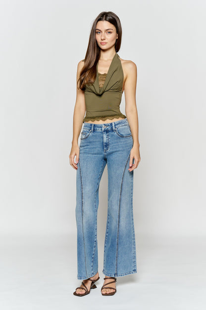 High Rise Wide Leg Jeans with Curved Seam and Rhinestone Details