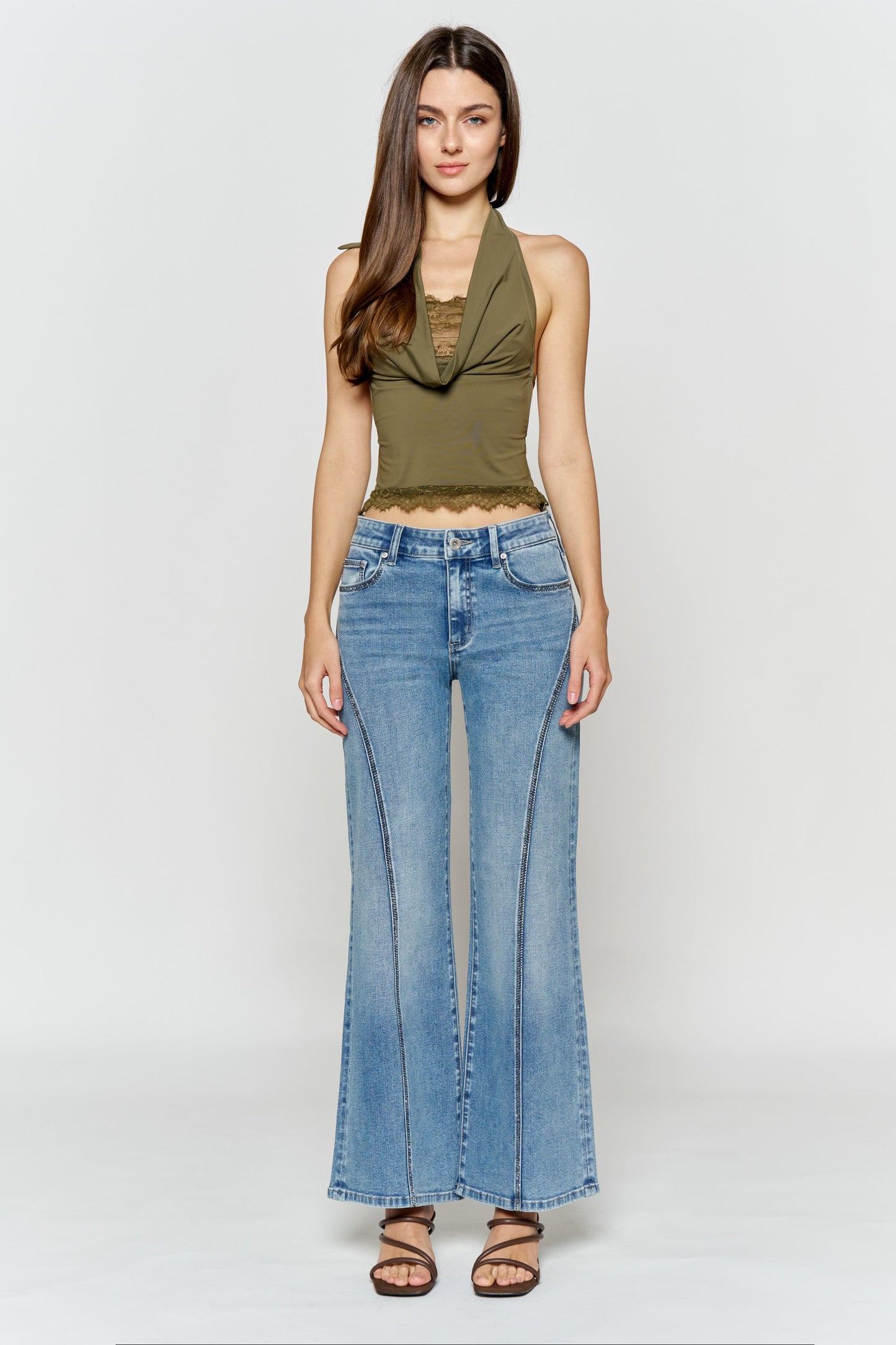 High Rise Wide Leg Jeans with Curved Seam and Rhinestone Details