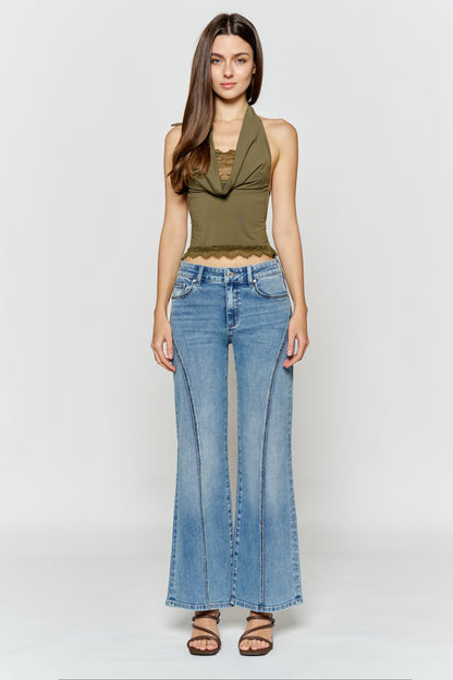 High Rise Wide Leg Jeans with Curved Seam and Rhinestone Details