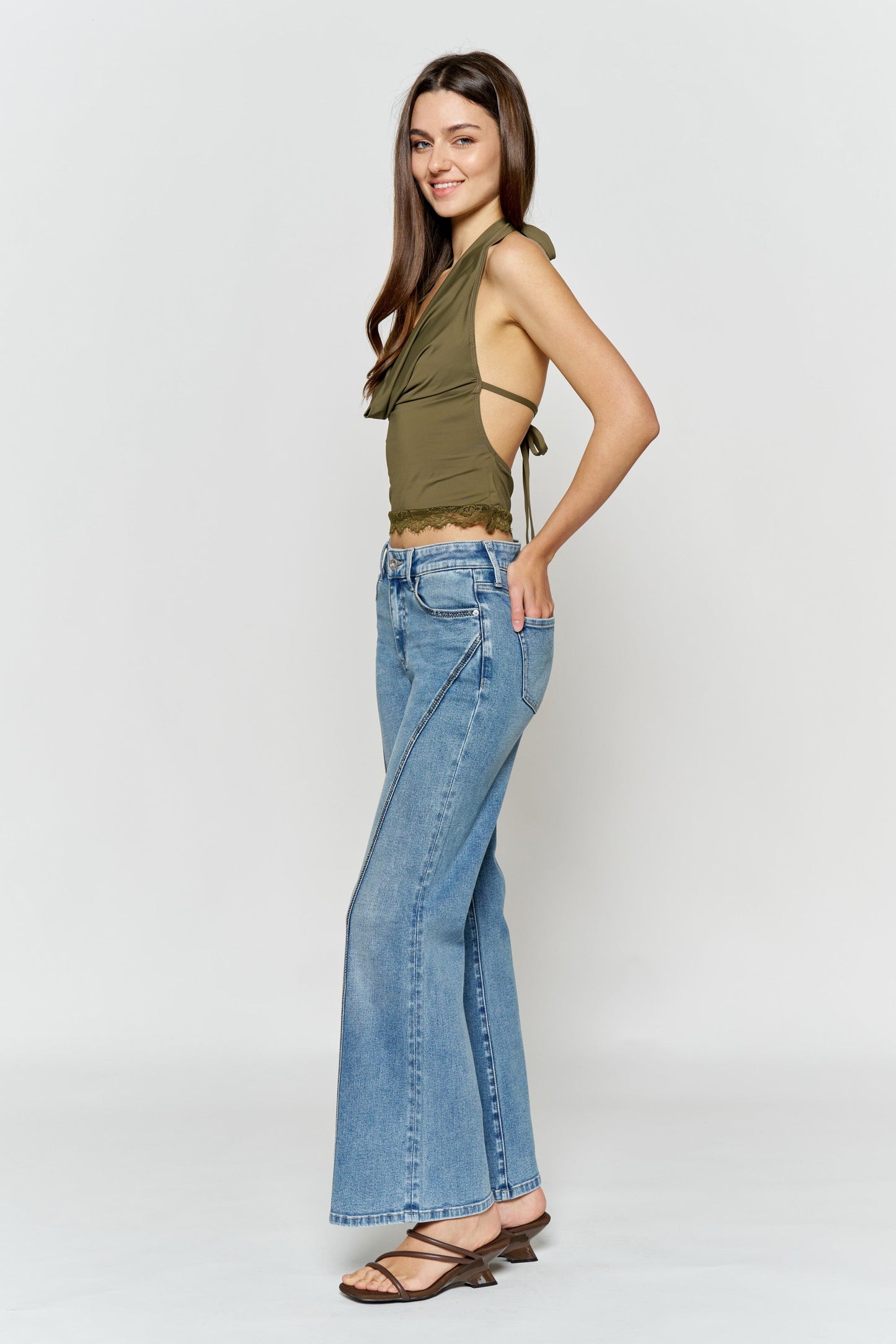 High Rise Wide Leg Jeans with Curved Seam and Rhinestone Details