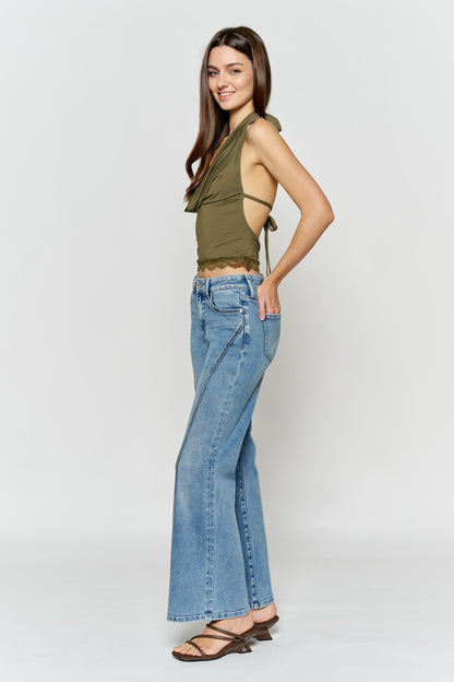 High Rise Wide Leg Jeans with Curved Seam and Rhinestone Details