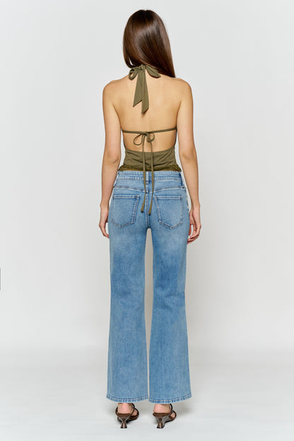 High Rise Wide Leg Jeans with Curved Seam and Rhinestone Details