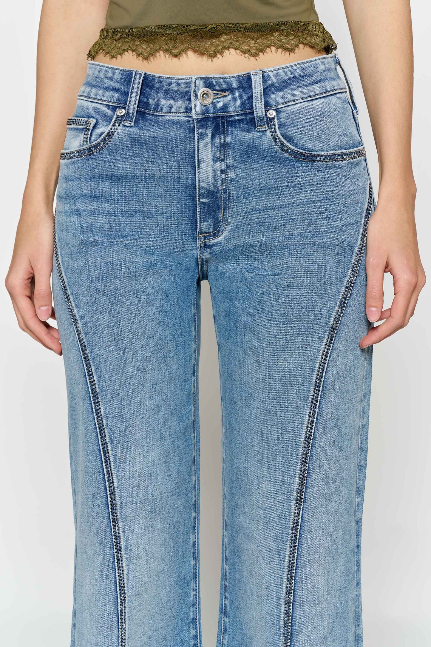 High Rise Wide Leg Jeans with Curved Seam and Rhinestone Details