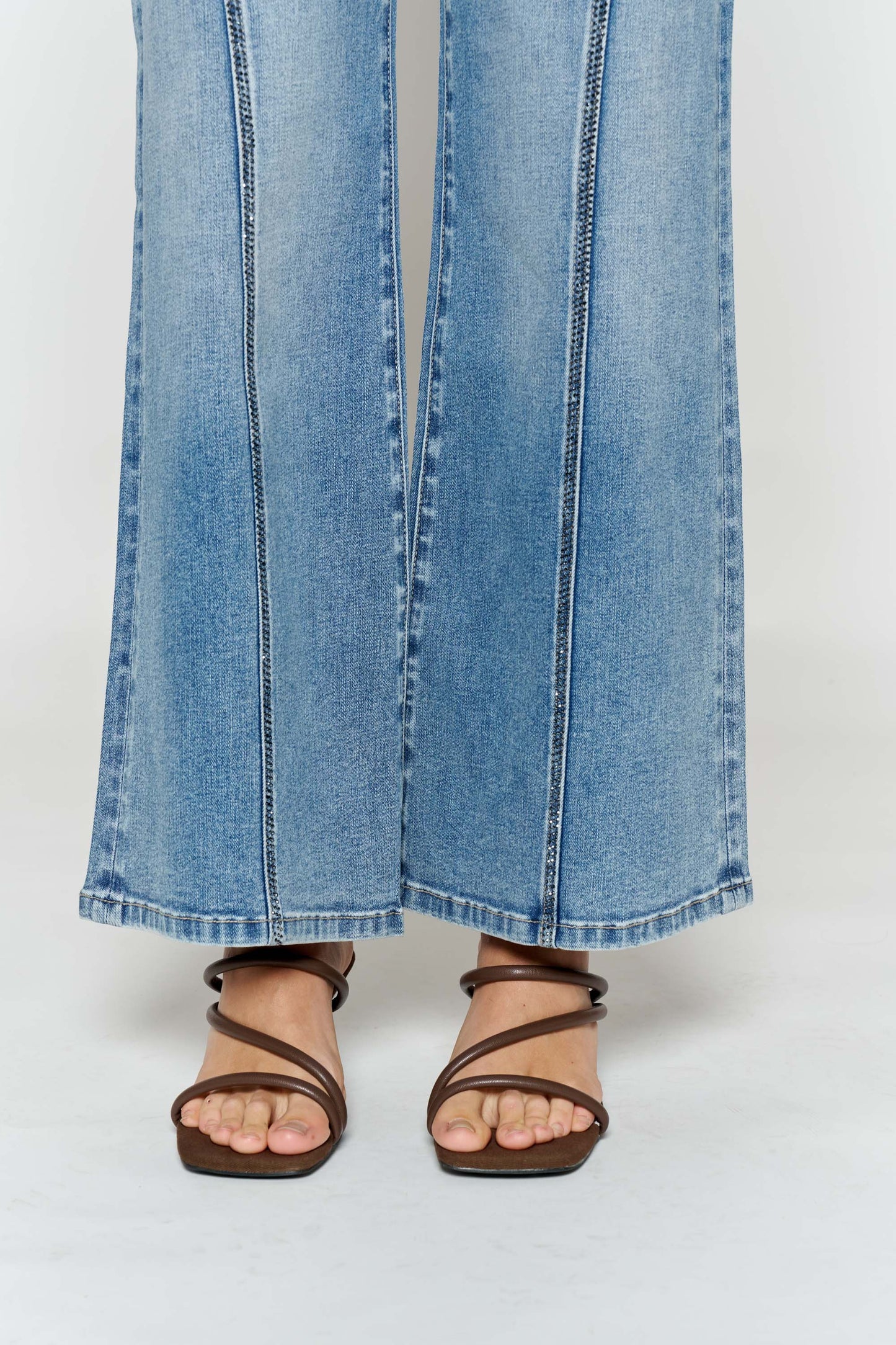 High Rise Wide Leg Jeans with Curved Seam and Rhinestone Details