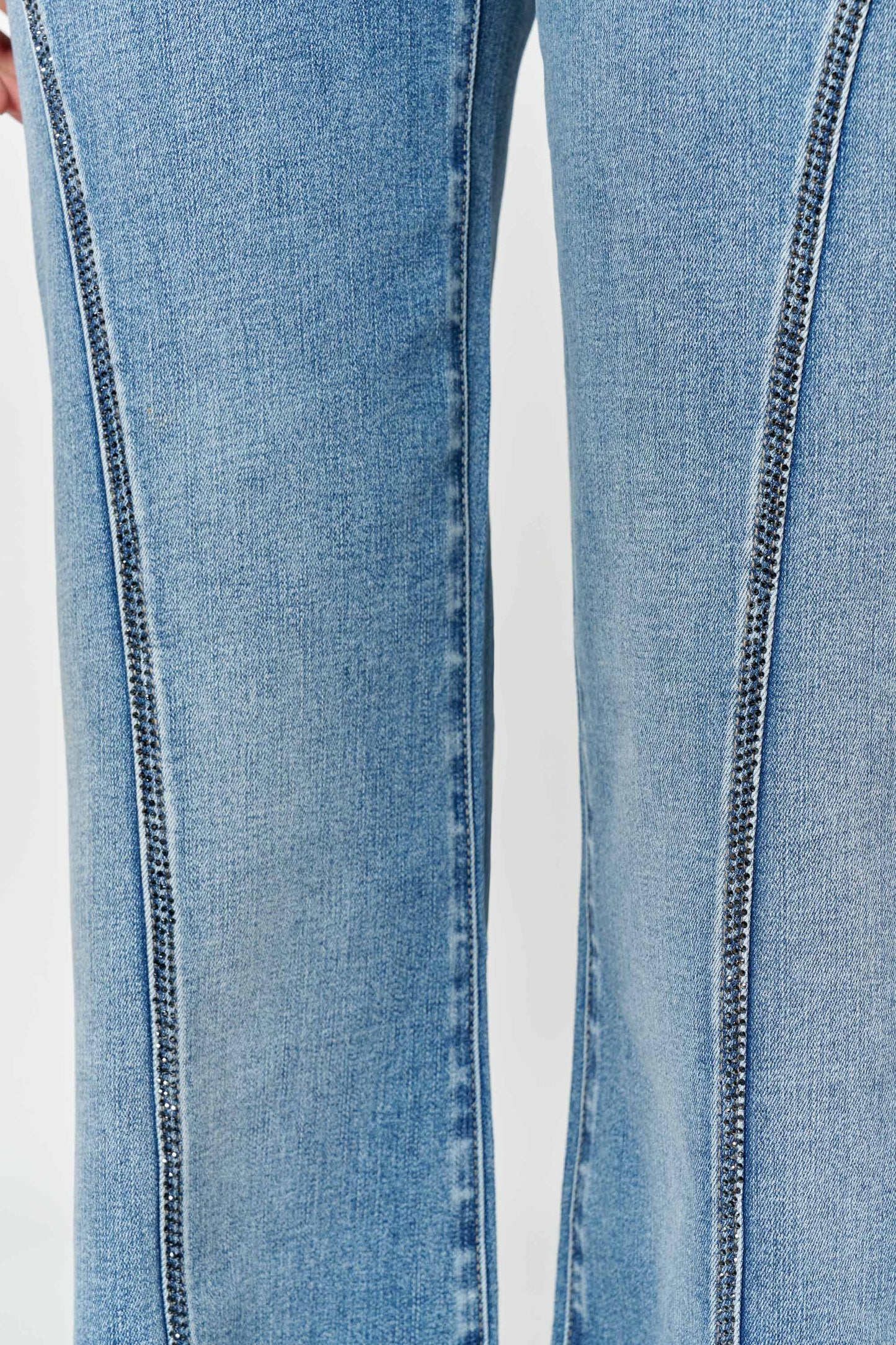 High Rise Wide Leg Jeans with Curved Seam and Rhinestone Details