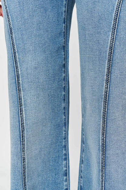 High Rise Wide Leg Jeans with Curved Seam and Rhinestone Details