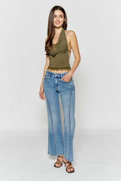 High Rise Wide Leg Jeans with Curved Seam and Rhinestone Details