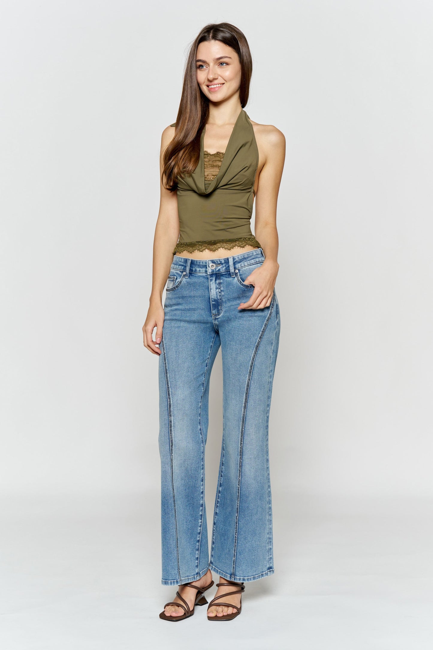 High Rise Wide Leg Jeans with Curved Seam and Rhinestone Details