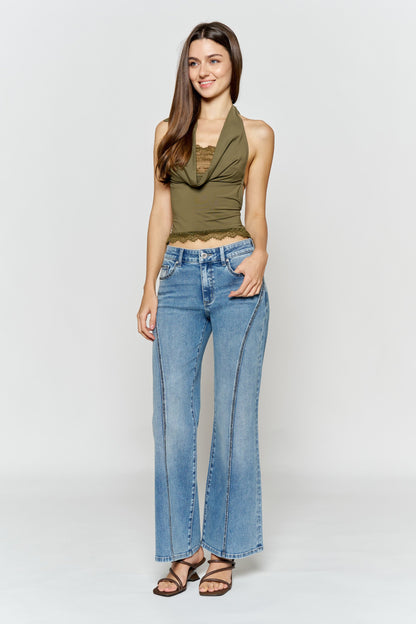 High Rise Wide Leg Jeans with Curved Seam and Rhinestone Details
