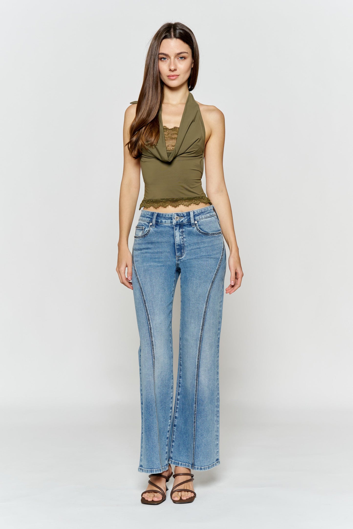 High Rise Wide Leg Jeans with Curved Seam and Rhinestone Details
