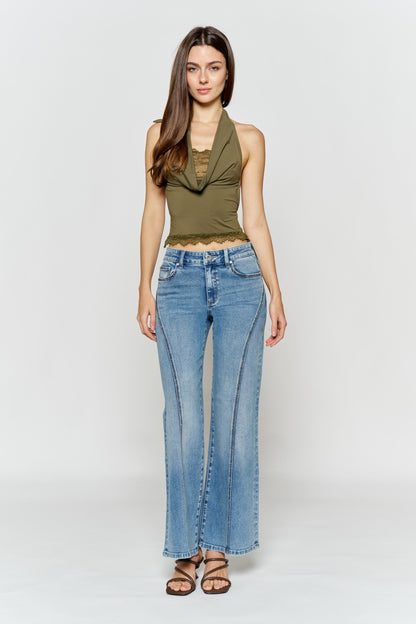 High Rise Wide Leg Jeans with Curved Seam and Rhinestone Details