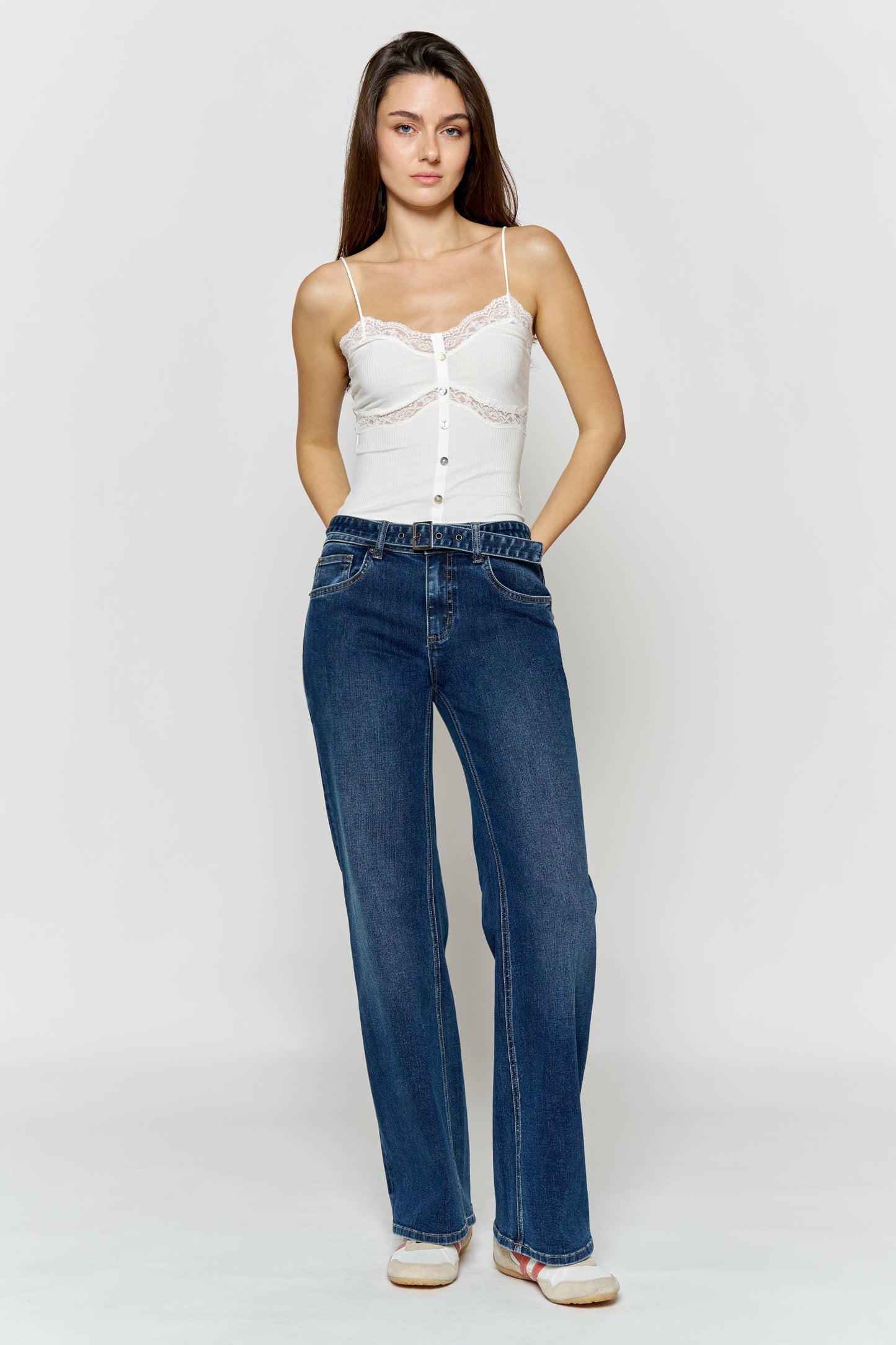 High Rise Belted Wide Leg Jeans with Buckle Closure