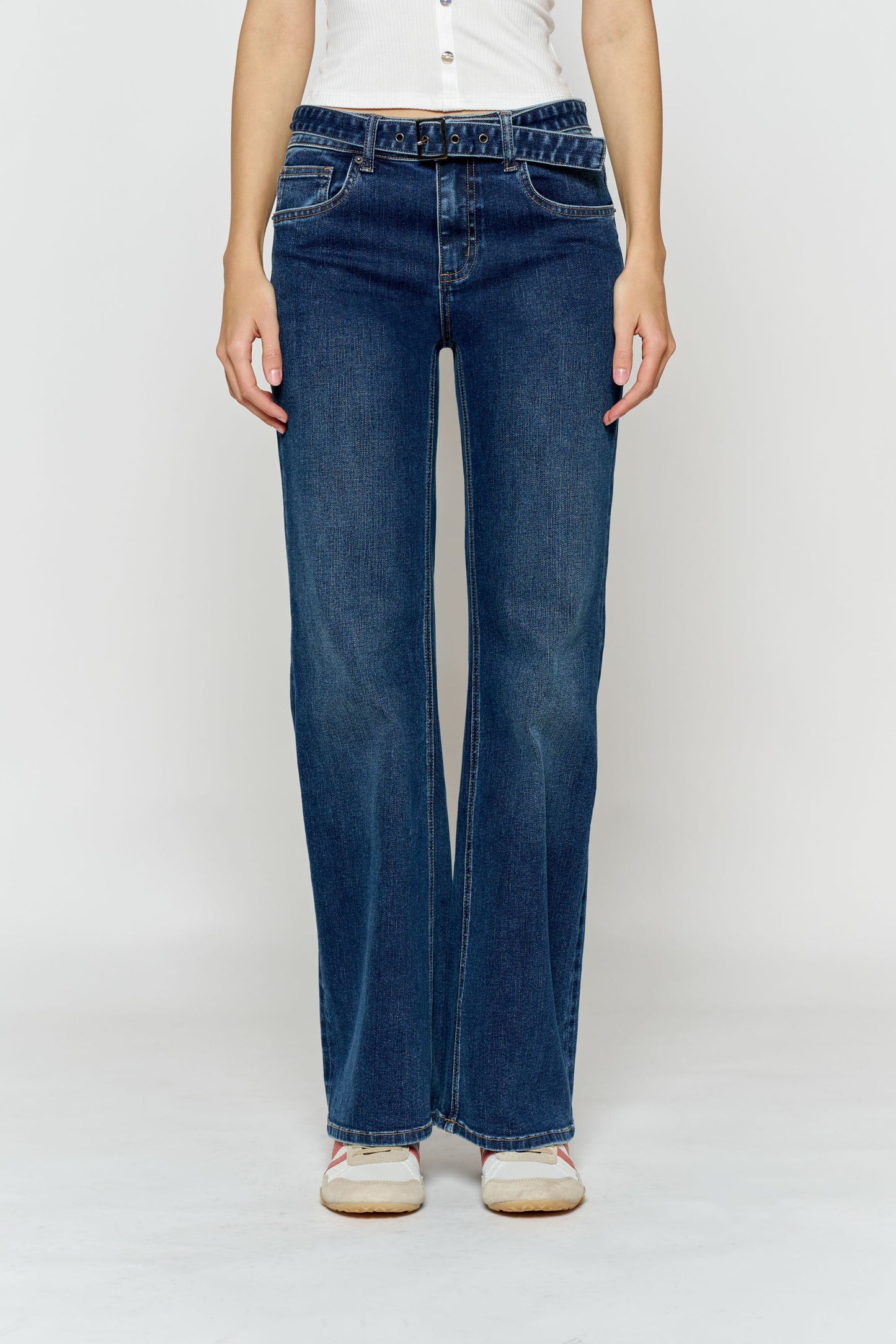 High Rise Belted Wide Leg Jeans with Buckle Closure