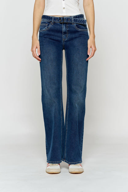 High Rise Belted Wide Leg Jeans with Buckle Closure