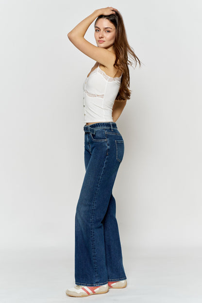 High Rise Belted Wide Leg Jeans with Buckle Closure