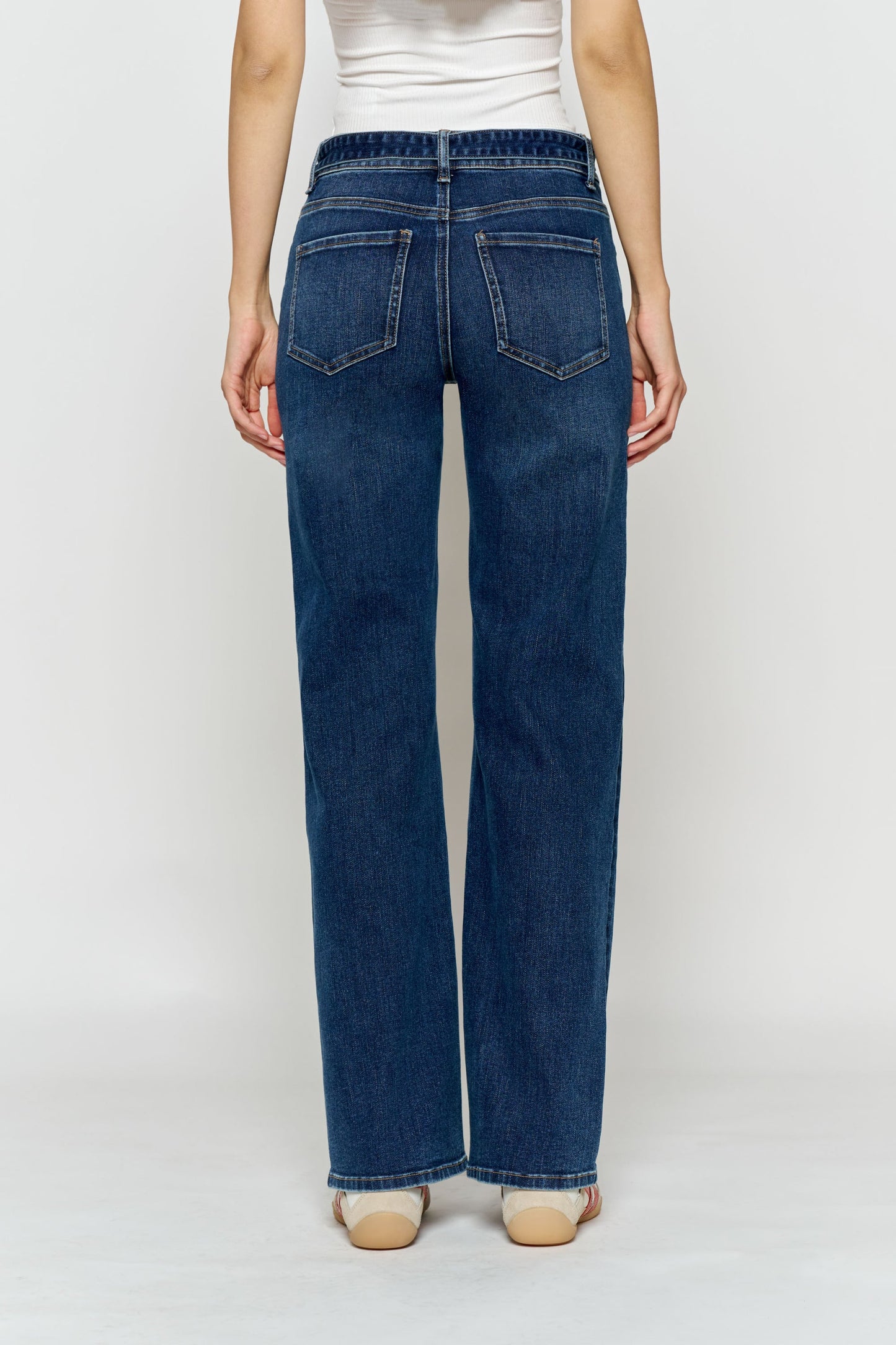 High Rise Belted Wide Leg Jeans with Buckle Closure