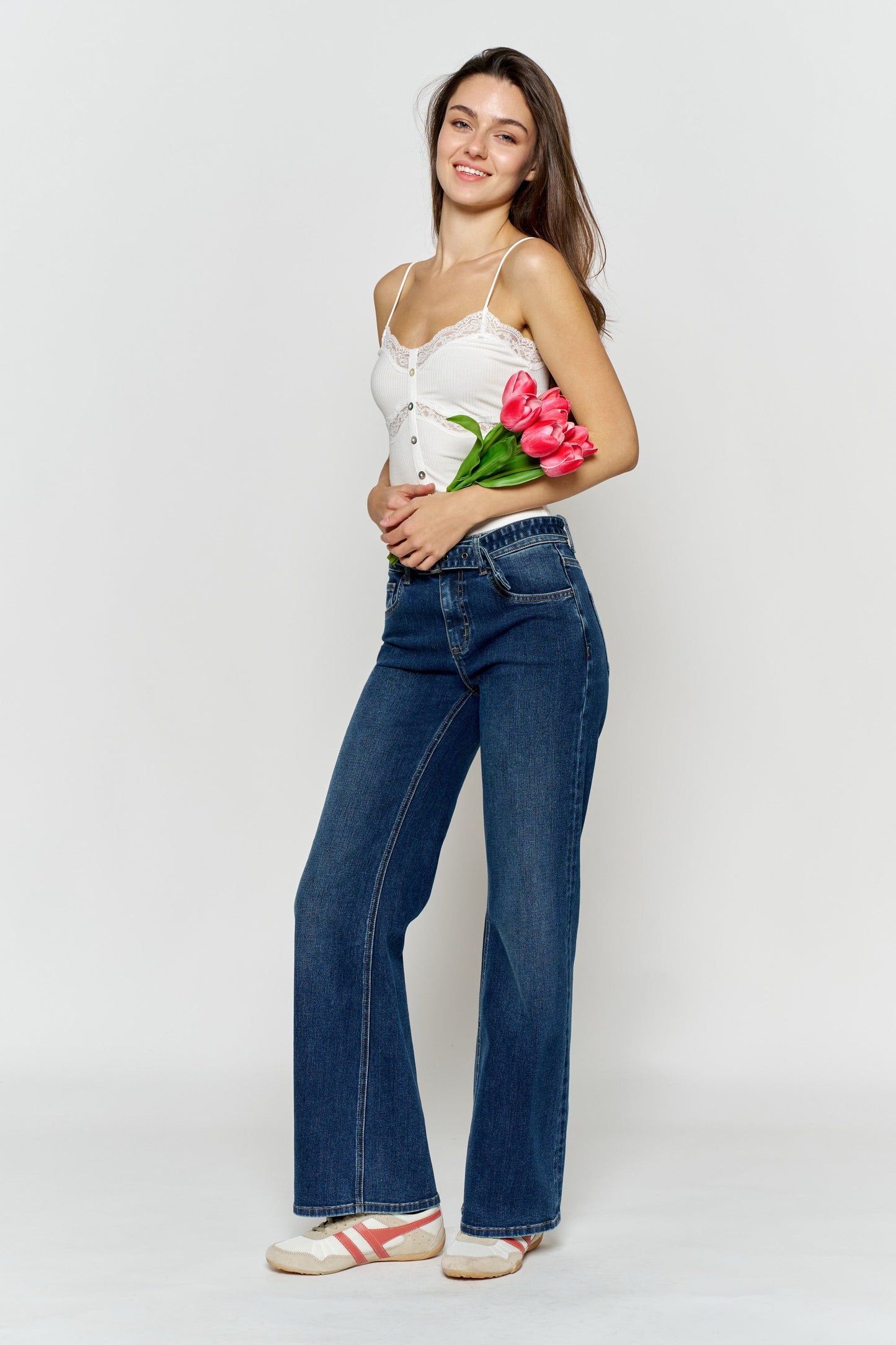 High Rise Belted Wide Leg Jeans with Buckle Closure